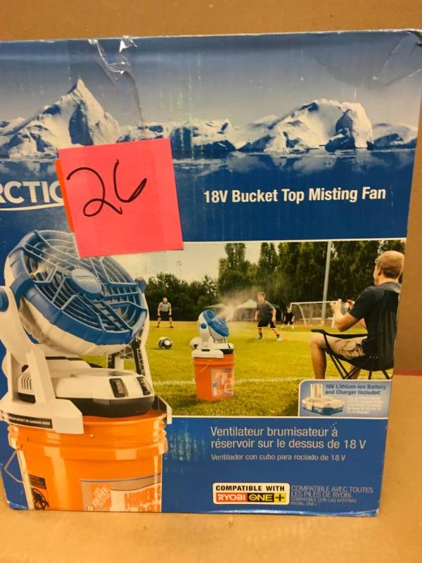 lot 26 image: Arctic Cove 18-Volt Two Speed Misting Bucket Top Fan not used
