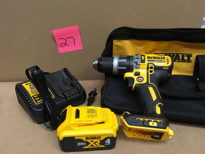 lot 27 image: DEWALT 20-Volt MAX XR Lithium-Ion Cordless 12 in. Brushless Compact Hammer Drill with (2) Batteries 2Ah, Charger and Case  in very good condition