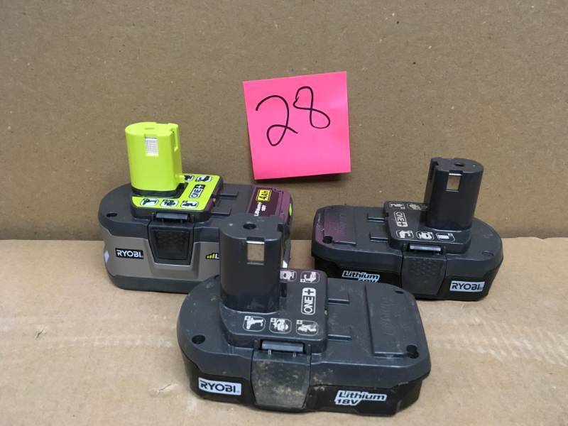 lot 28 image: ONE RYOBI 18-Volt ONE Lithium-Ion 4.0 Ah LITHIUM High Capacity Battery Pack PLUS (2) RYOBI LITHIUM 18V BATTERY   in very good condition