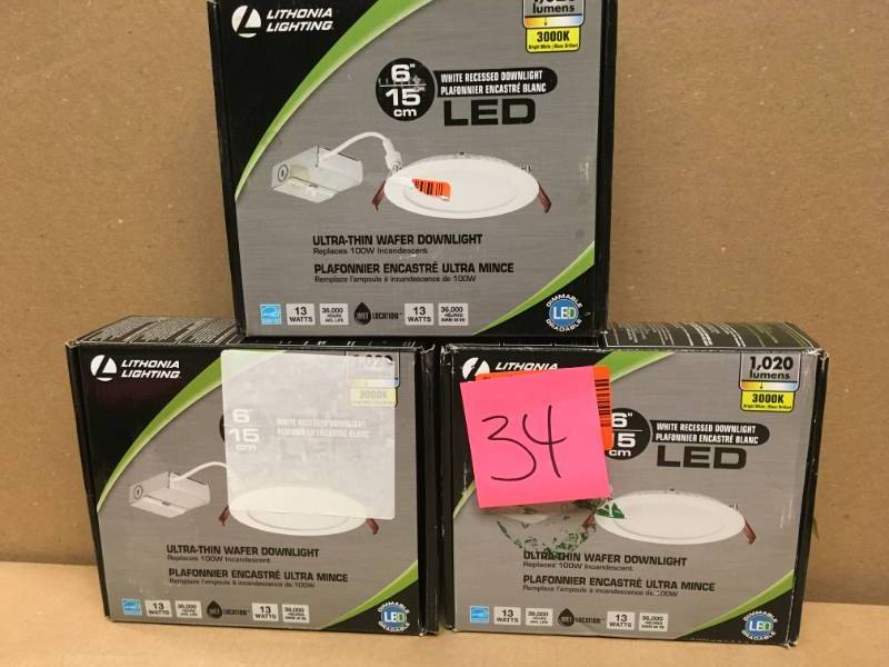 lot 34 image: Lithonia Lighting WF6 Ultra-Thin Wafer 6 in. White Dimmable Integrated LED Recessed Kit QTY3  in very good condition