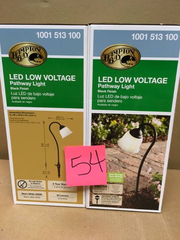 lot 54 image: Hampton Bay Low-Voltage Black Outdoor Integrated LED Black Landscape Path Light with White Tulip Shade QTY 2  in very good condition
