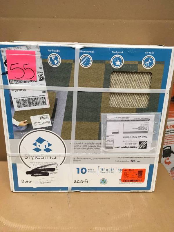 lot 55 image: Foss Design Smart Ivory Hobnail Texture 18 in. x 18 in. IndoorOutdoor Carpet Tile (10 Tiles22.5 sq. ft.  case) QTY 3  in very good condition