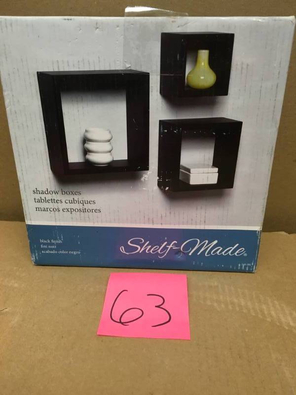 lot 63 image: Knape & Vogt 4 in. x 9 in. Floating Black Shadow Box Decorative Shelf Kit (3-Piece)  in very good condition
