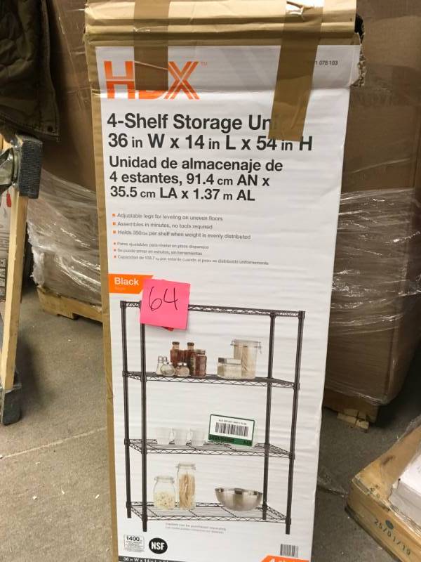 lot 64 image: HDX 54 in. H x 36 in. W x 14 in. D 4 Shelf Steel Unit in Black  in very good condition