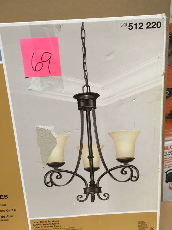 lot 69 image: Hampton Bay Essex 3-Light Aged Black Chandelier with Tea Stained Glass Shades not used