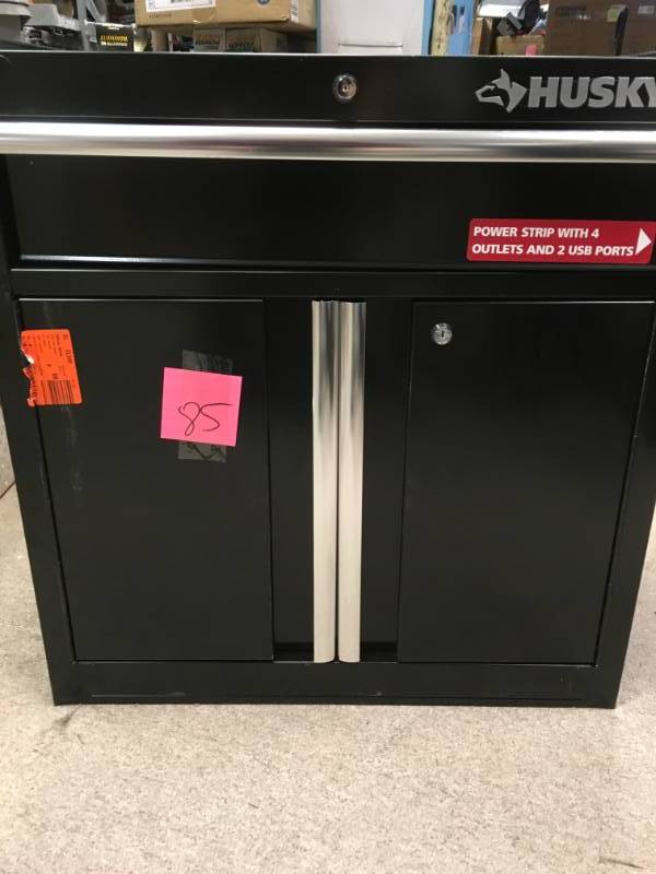 lot 85 image: Husky 27 in. W 19 in. D 1-Drawer 2-Door Rolling Tool Cabinet with Flip-Up Pegboard in Black  in very good condition