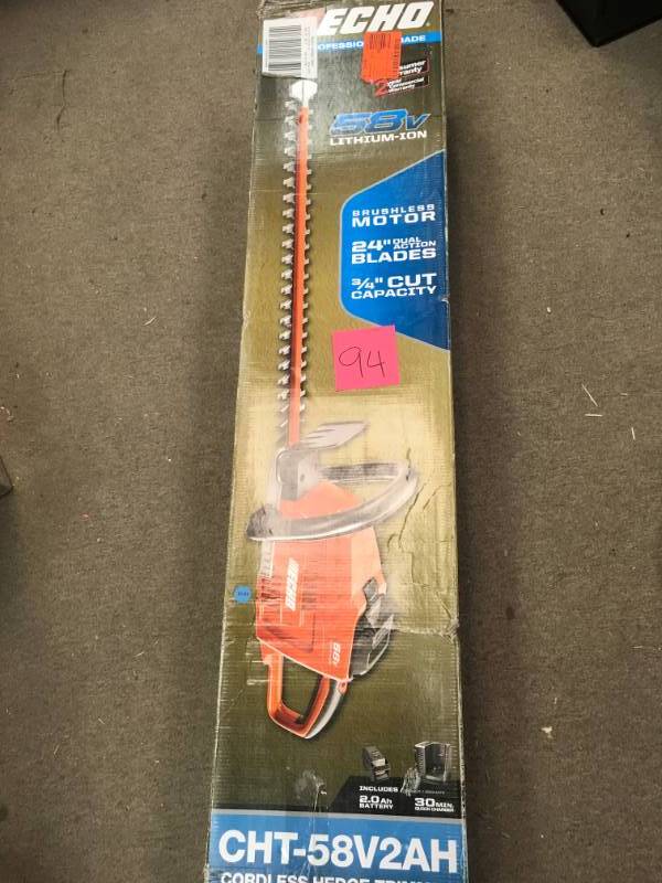 lot 94 image: ECHO 24 in. 58-Volt Lithium-Ion Brushless Cordless Hedge Trimmer - 2.0 Ah Battery and Charger Included  in very good condition