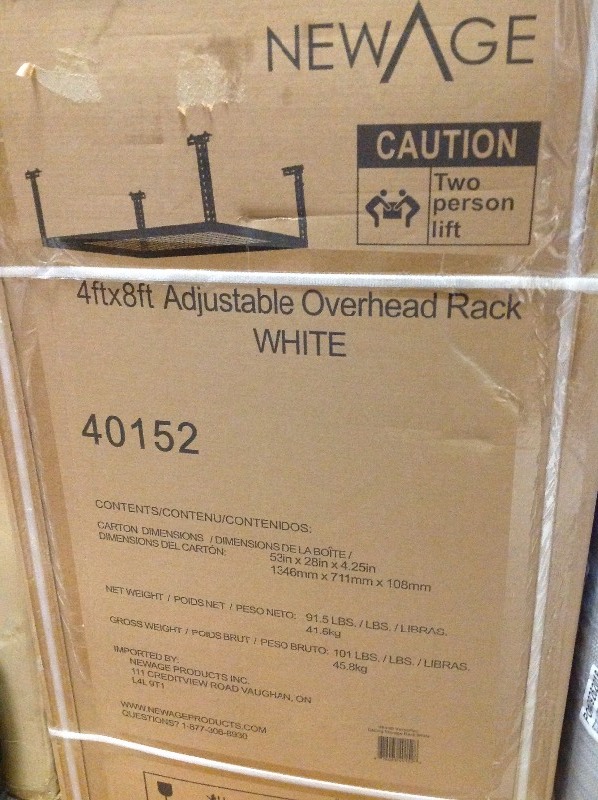 lot 109 image: Lot of 2 NewAge Products Performance 96 in. L x 48 in. W x 42 in. H Adjustable VersaRac Ceiling Storage Rack in White in working conditions