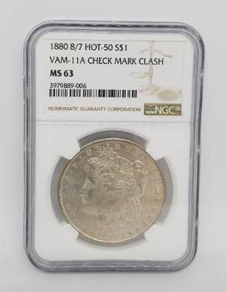 lot 1 image: NGC Graded 1880 87 HOT - 50 S VAM - 11A CHECK MARK CLASH MS 63 Morgan Silver Dollar