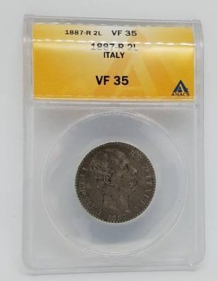 lot 5 image: 1887 R 2L VF 35 Italy Graded Coin