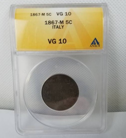 lot 10 image: 1867 - M 5c VG 10 Italy Coin