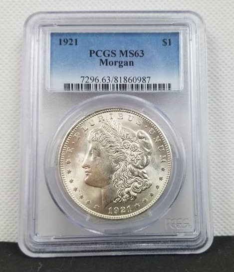lot 15 image: 1921 PCGS MS63 Morgan Silver Dollar Graded Coin