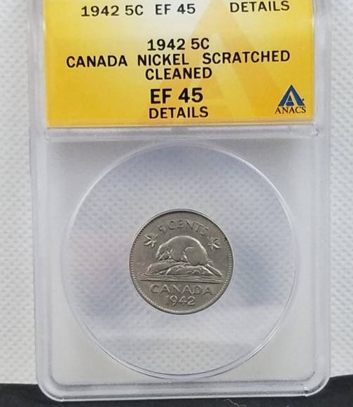 lot 16 image: 1942 5C EF 45 - Canada Nickel Scratched - Cleaned coin