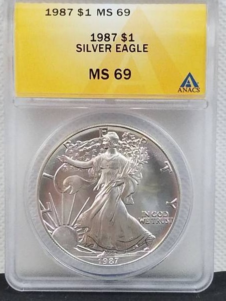 lot 17 image: 1987 Silver Eagle 1 Dollar MS 69 Graded