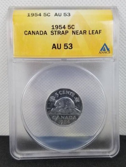lot 18 image: 1954 5 Cent AU 53 Canada Strap - Near Leaf