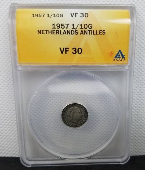 lot 21 image: 1957 110 G VF 30 Netherlands Antillies graded coin