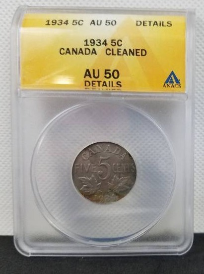 lot 27 image: 1934 5 cent AU 50 DETAILS Canada Cleaned