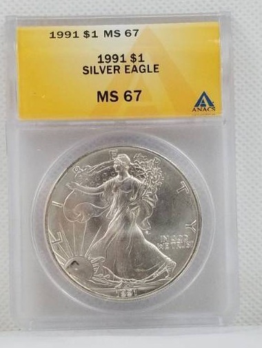 lot 35 image: 1991 Silver Eagle Dollar MS 67