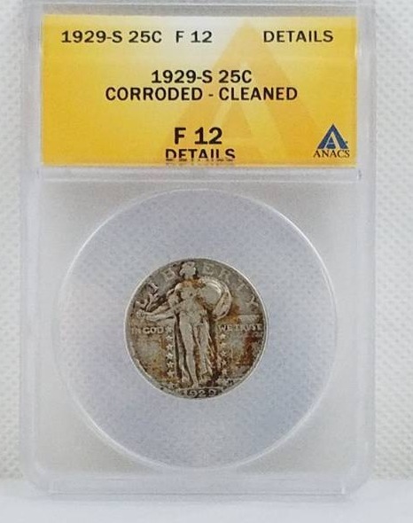 lot 41 image: 1929 - S 25 Cent F 12 Details Corroded - Cleaned
