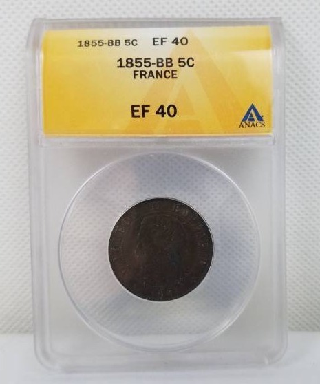 lot 45 image: 1855 BB 5 cent EF 40 French Coin