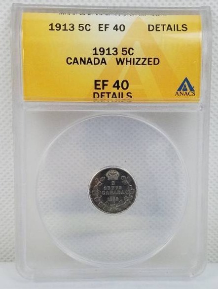 lot 53 image: 1913 5 cent EF 40 Details Canada Whizzed graded coin
