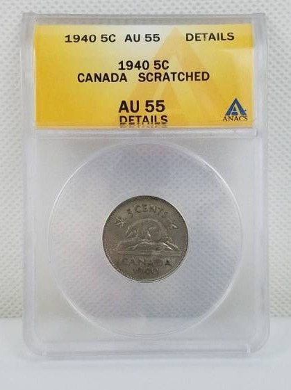 lot 54 image: 1940 5c AU 55 Canada Scratched graded coin