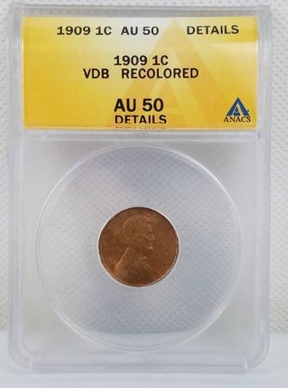 lot 60 image: 1909 1 cent AU 50 VDB Recolored graded coin