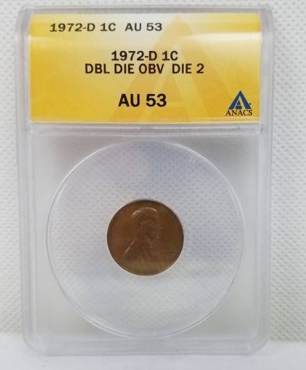 lot 62 image: 1972 D Lincoln Penny AU 53 graded coin
