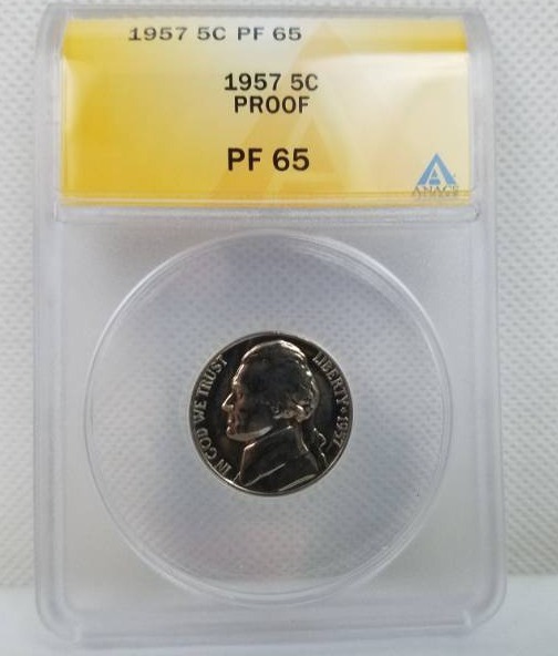 lot 64 image: 1957 Jefferson 5 cent PF 65 PROOF graded coin