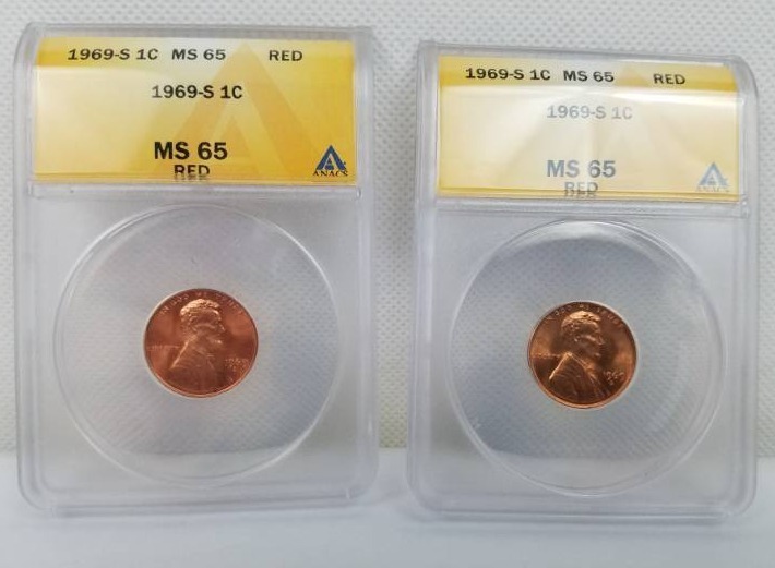 lot 73 image: Lot of 2 1969 S Lincoln 1 cent MS 65 RED