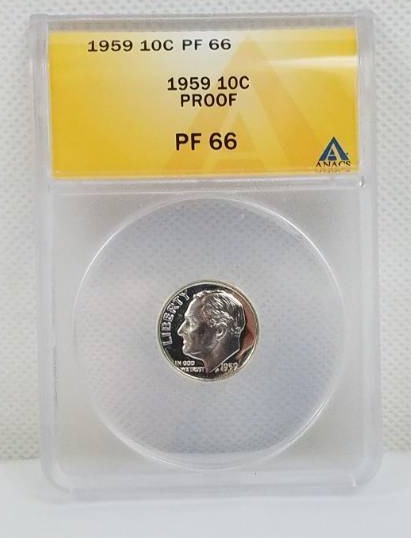 lot 76 image: 1959 Roosevelt 10 cent PF 66 Proof Graded Coin