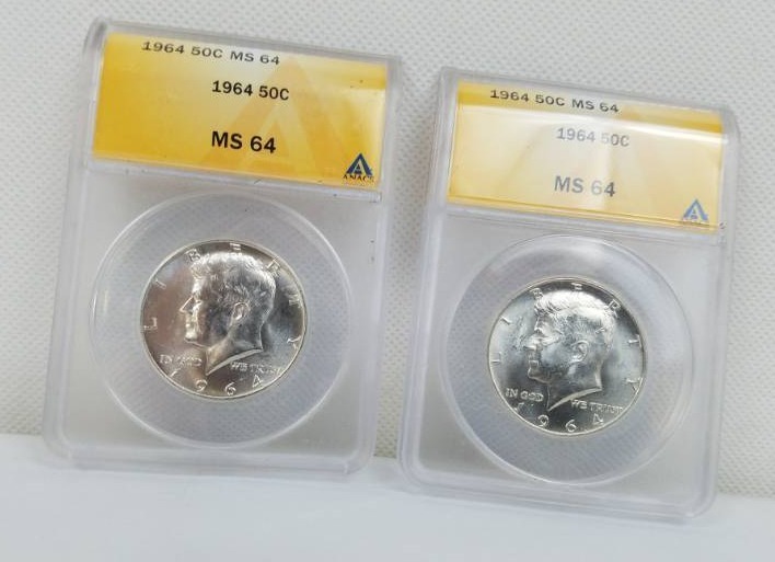 lot 79 image: Lot of 2 1964 50 cent MS 64 Graded Coins