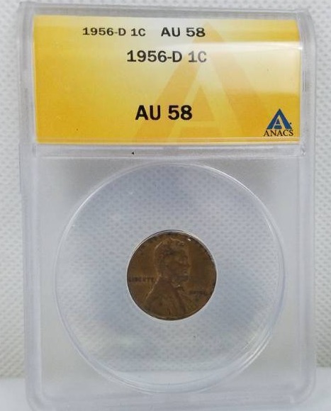 lot 84 image: 1956 D Lincoln 1 cent AU 58 graded coin