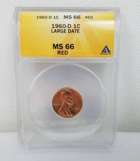 lot 93 image: 1960 D Lincoln 1 Cent MS 66 RED Graded Coin