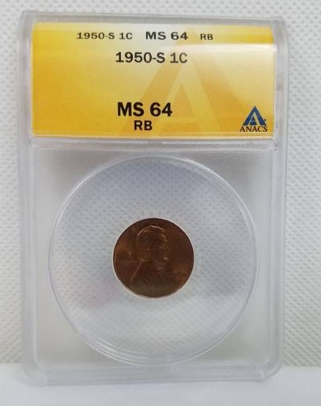 lot 94 image: 1950 S 1 Cent MS 64 RB Graded Coin