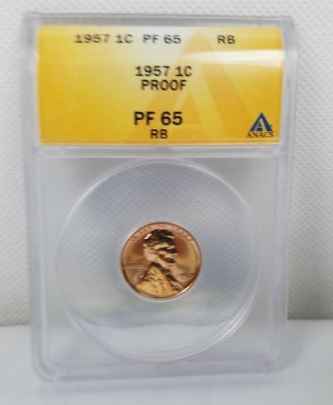 lot 97 image: 1957 1 Cent PF 65 RB Proof Graded Coin