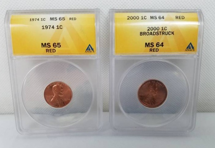 lot 99 image: Lot of 2 Graded Coins 2000 & 1974 Lincoln 1 Cent