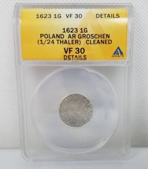 lot 100 image: 1623 1G vf 30 DETAILS POLAND AR GROSCHEN CLEANED 124 THALER