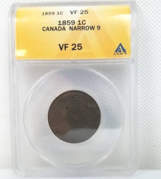 lot 102 image: 1859 1 Cent VF 25 Canada Narrow 9