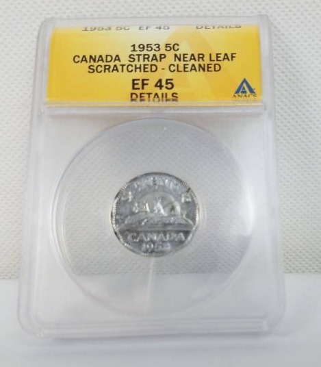 lot 105 image: 1953 5 cent EF 45 Details Graded Coin Canada Strap - Nearleaf