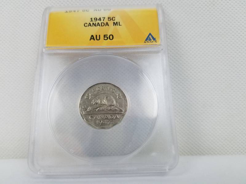 lot 106 image: 1947 5 Cent AU 50 Canada ML Graded Coin