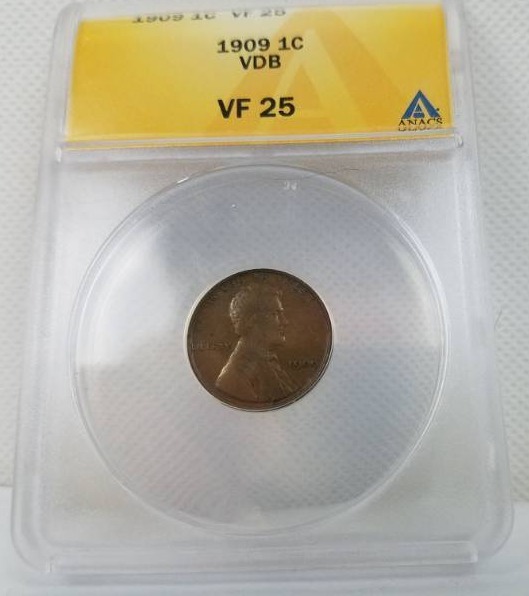 lot 107 image: 1909 1 Cent VF 25 Graded Lincoln Penny
