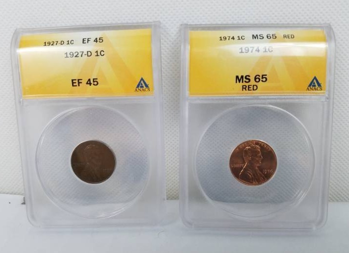 lot 108 image: Lot of 2 Graded Coins 1927 and 1974 Lincoln 1 Cent