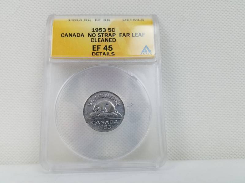 lot 109 image: 1953 5 cent EF 45 DETAILS Canada No Strap - Far Leaf