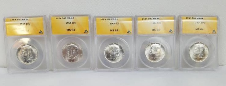 lot 111 image: Lot of 5 1964 50 Cent MS 64 Slabbed Graded Coins