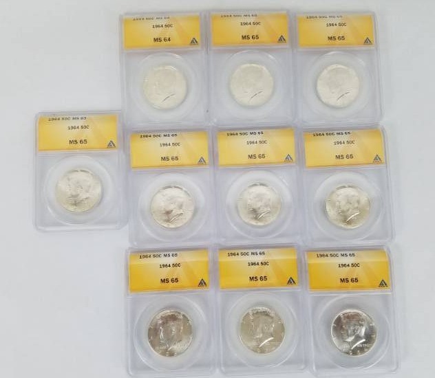 lot 112 image: Lot of 10 1964 50 cent MS 65 Graded Coins
