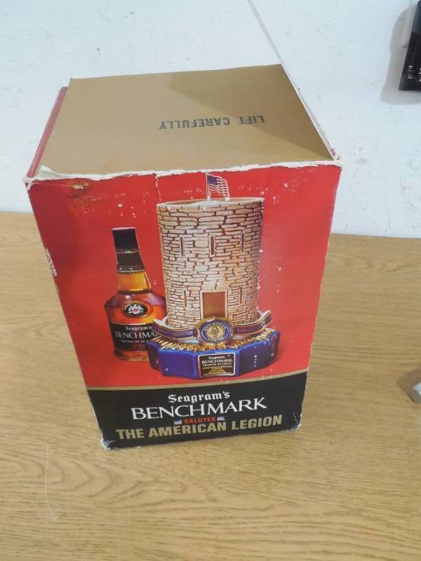 lot 73 image: Vintage Decanter Seagrams Benchmark American Legion 57th National Convention Kentucky Bourbon Bar Decor