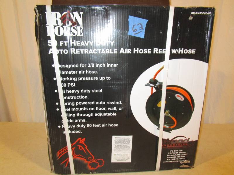 lot 62 image: Iron Hose 50 ft Heavy Duty Auto Retractable Air Hose Reel