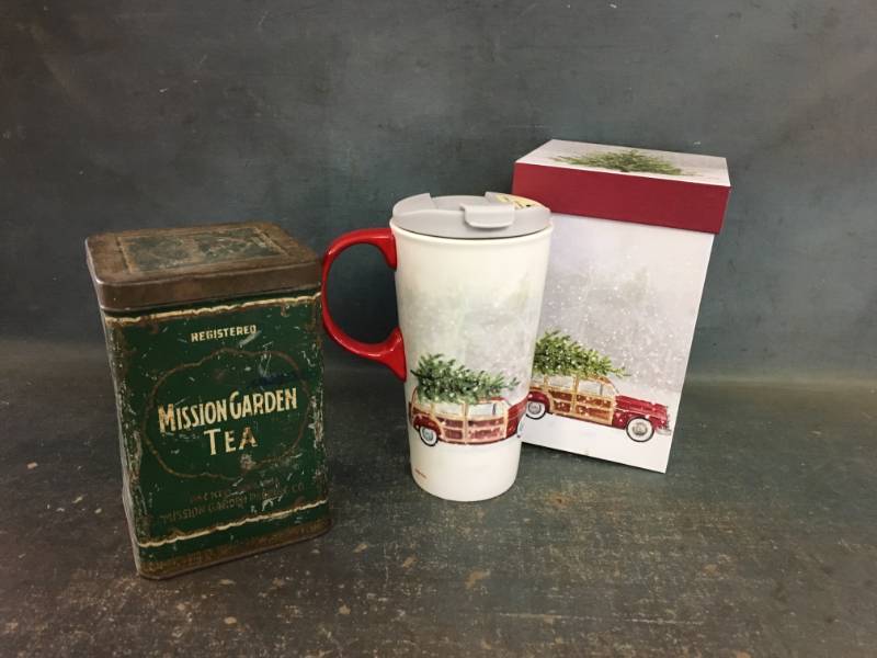lot 31 image: Vintage Metal Tin and Ceramic Travel Mug