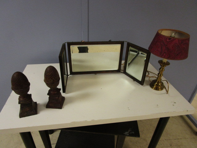 lot 519 image: BRASS LAMP, OAK MIRROR, BOOKENDS